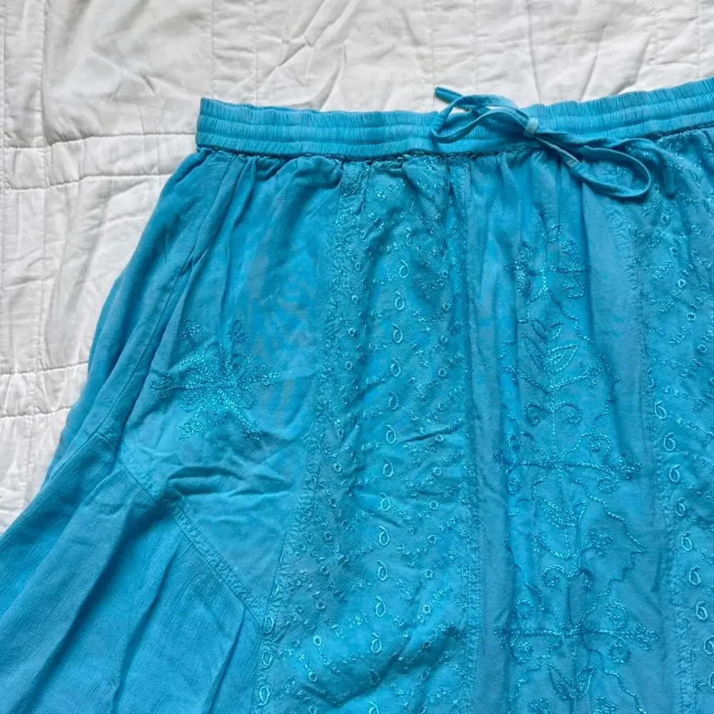Vintage‎ y2k embroidered fairy midi peasant skirt one size cyan boho festival